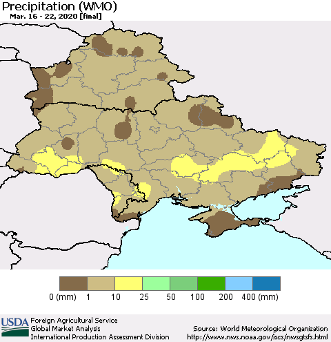 Ukraine, Moldova and Belarus Precipitation (WMO) Thematic Map For 3/16/2020 - 3/22/2020