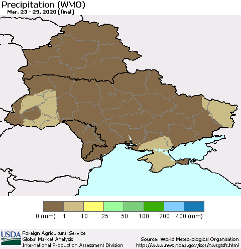Ukraine, Moldova and Belarus Precipitation (WMO) Thematic Map For 3/23/2020 - 3/29/2020