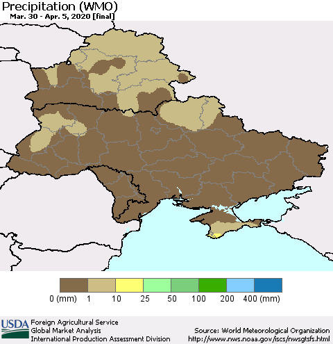 Ukraine, Moldova and Belarus Precipitation (WMO) Thematic Map For 3/30/2020 - 4/5/2020