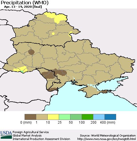 Ukraine, Moldova and Belarus Precipitation (WMO) Thematic Map For 4/13/2020 - 4/19/2020
