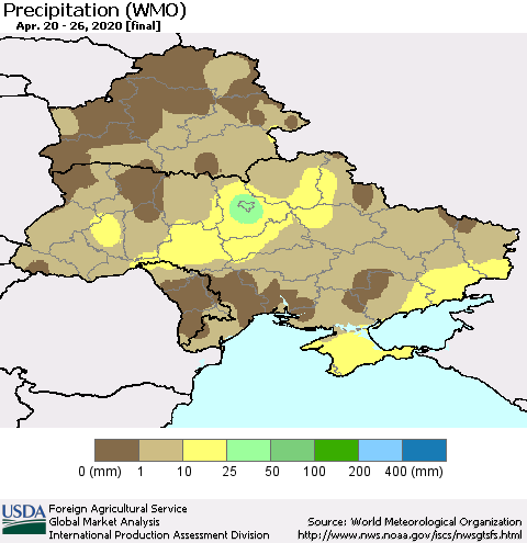 Ukraine, Moldova and Belarus Precipitation (WMO) Thematic Map For 4/20/2020 - 4/26/2020