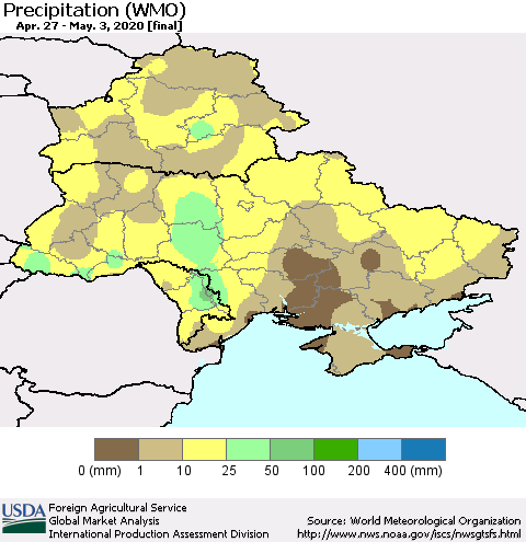 Ukraine, Moldova and Belarus Precipitation (WMO) Thematic Map For 4/27/2020 - 5/3/2020