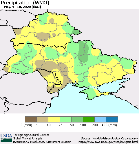 Ukraine, Moldova and Belarus Precipitation (WMO) Thematic Map For 5/4/2020 - 5/10/2020
