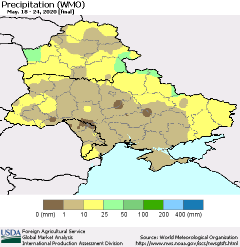 Ukraine, Moldova and Belarus Precipitation (WMO) Thematic Map For 5/18/2020 - 5/24/2020