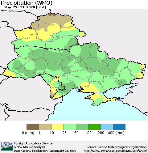 Ukraine, Moldova and Belarus Precipitation (WMO) Thematic Map For 5/25/2020 - 5/31/2020