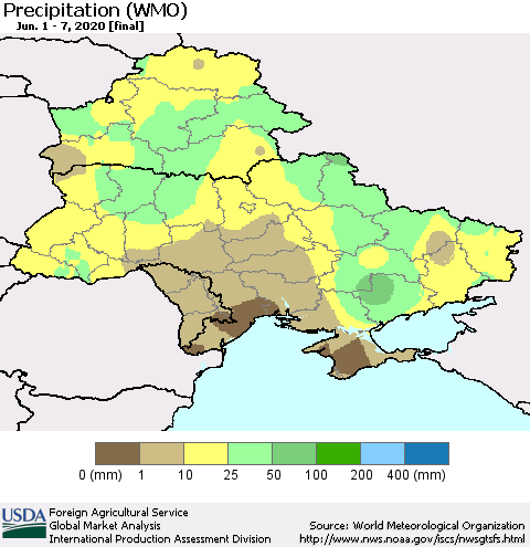 Ukraine, Moldova and Belarus Precipitation (WMO) Thematic Map For 6/1/2020 - 6/7/2020