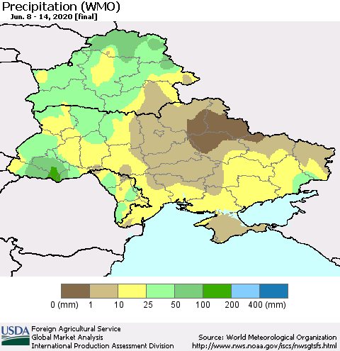 Ukraine, Moldova and Belarus Precipitation (WMO) Thematic Map For 6/8/2020 - 6/14/2020