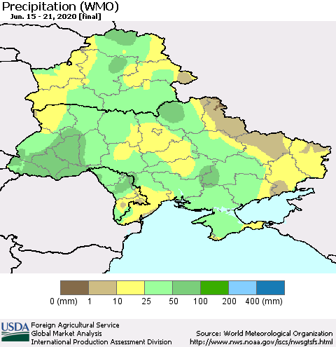Ukraine, Moldova and Belarus Precipitation (WMO) Thematic Map For 6/15/2020 - 6/21/2020