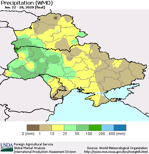 Ukraine, Moldova and Belarus Precipitation (WMO) Thematic Map For 6/22/2020 - 6/28/2020
