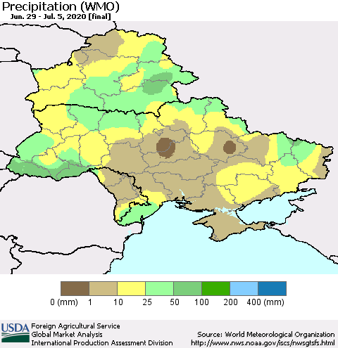 Ukraine, Moldova and Belarus Precipitation (WMO) Thematic Map For 6/29/2020 - 7/5/2020