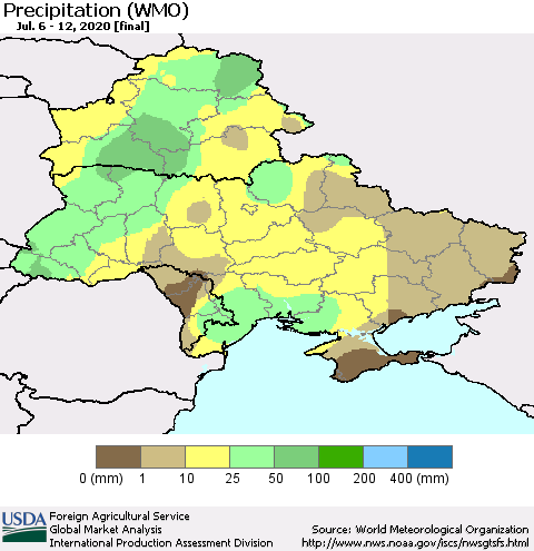 Ukraine, Moldova and Belarus Precipitation (WMO) Thematic Map For 7/6/2020 - 7/12/2020