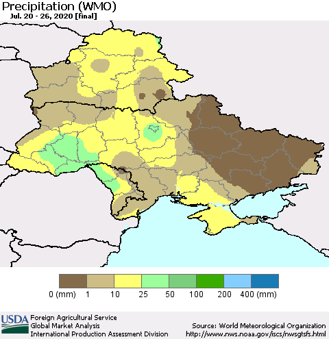 Ukraine, Moldova and Belarus Precipitation (WMO) Thematic Map For 7/20/2020 - 7/26/2020