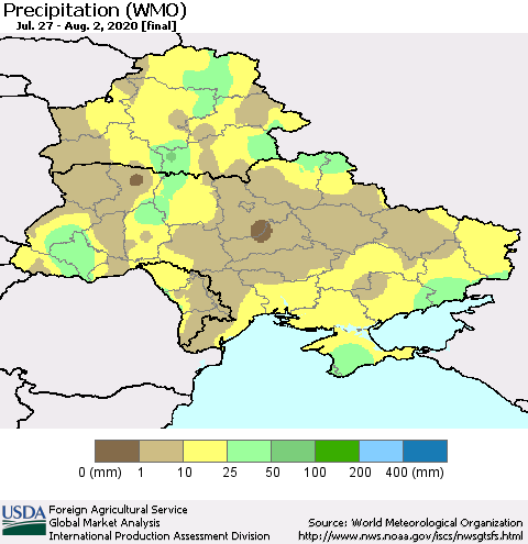 Ukraine, Moldova and Belarus Precipitation (WMO) Thematic Map For 7/27/2020 - 8/2/2020