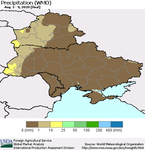 Ukraine, Moldova and Belarus Precipitation (WMO) Thematic Map For 8/3/2020 - 8/9/2020