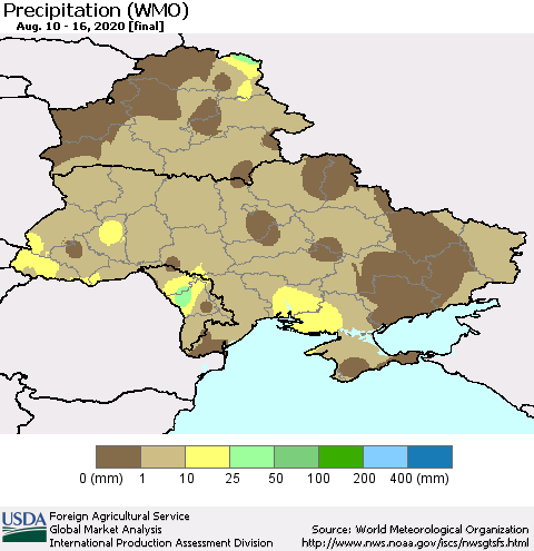 Ukraine, Moldova and Belarus Precipitation (WMO) Thematic Map For 8/10/2020 - 8/16/2020