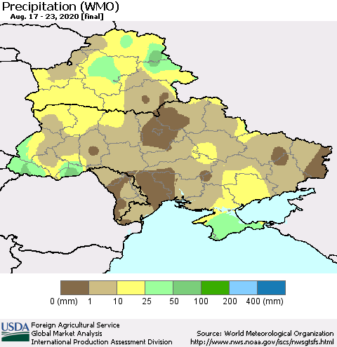 Ukraine, Moldova and Belarus Precipitation (WMO) Thematic Map For 8/17/2020 - 8/23/2020