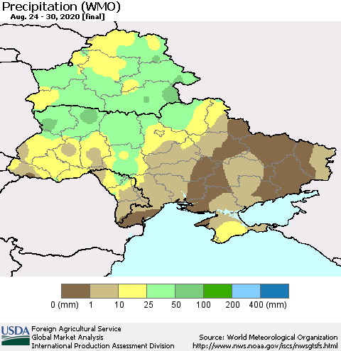 Ukraine, Moldova and Belarus Precipitation (WMO) Thematic Map For 8/24/2020 - 8/30/2020