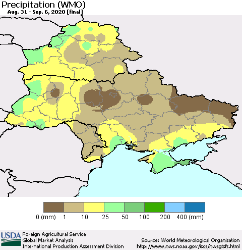 Ukraine, Moldova and Belarus Precipitation (WMO) Thematic Map For 8/31/2020 - 9/6/2020