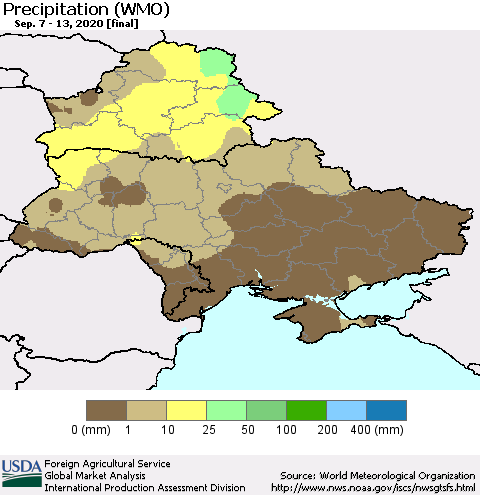 Ukraine, Moldova and Belarus Precipitation (WMO) Thematic Map For 9/7/2020 - 9/13/2020