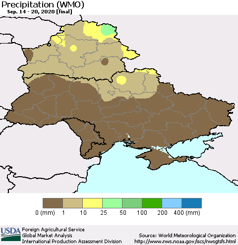 Ukraine, Moldova and Belarus Precipitation (WMO) Thematic Map For 9/14/2020 - 9/20/2020
