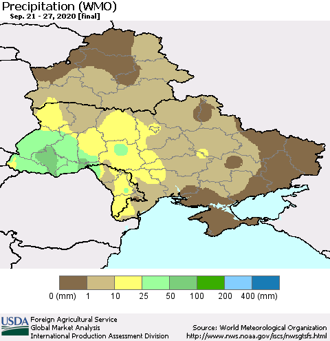 Ukraine, Moldova and Belarus Precipitation (WMO) Thematic Map For 9/21/2020 - 9/27/2020