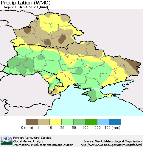 Ukraine, Moldova and Belarus Precipitation (WMO) Thematic Map For 9/28/2020 - 10/4/2020