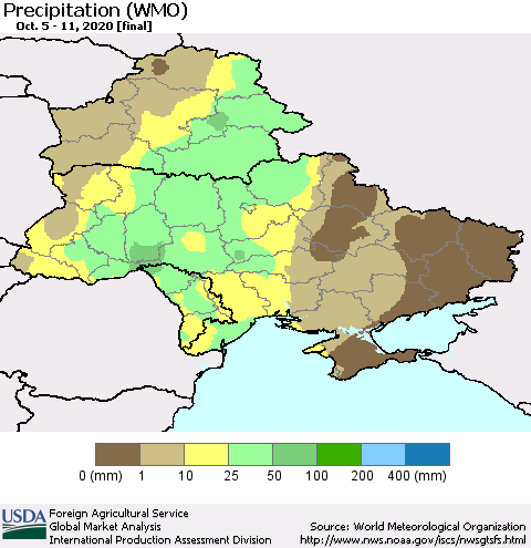 Ukraine, Moldova and Belarus Precipitation (WMO) Thematic Map For 10/5/2020 - 10/11/2020
