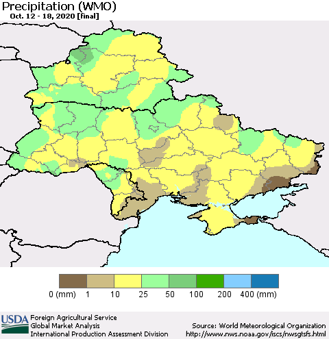 Ukraine, Moldova and Belarus Precipitation (WMO) Thematic Map For 10/12/2020 - 10/18/2020