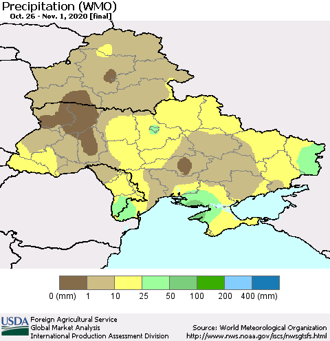 Ukraine, Moldova and Belarus Precipitation (WMO) Thematic Map For 10/26/2020 - 11/1/2020
