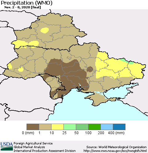 Ukraine, Moldova and Belarus Precipitation (WMO) Thematic Map For 11/2/2020 - 11/8/2020
