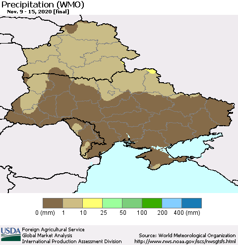 Ukraine, Moldova and Belarus Precipitation (WMO) Thematic Map For 11/9/2020 - 11/15/2020