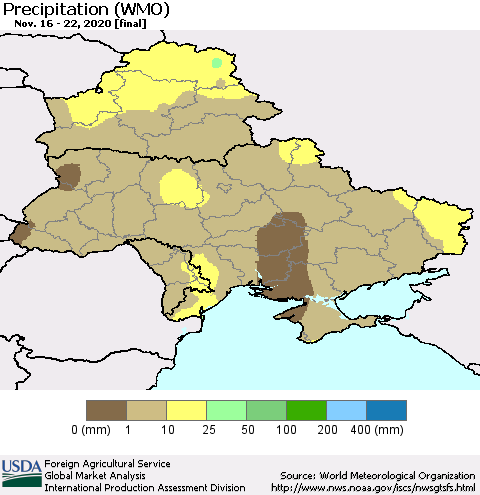 Ukraine, Moldova and Belarus Precipitation (WMO) Thematic Map For 11/16/2020 - 11/22/2020