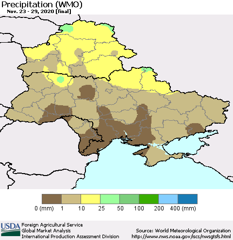 Ukraine, Moldova and Belarus Precipitation (WMO) Thematic Map For 11/23/2020 - 11/29/2020