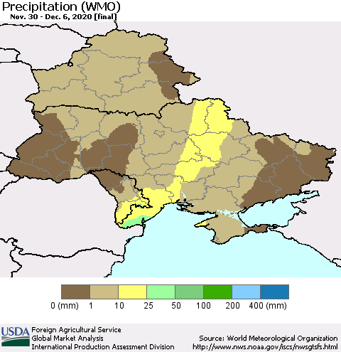 Ukraine, Moldova and Belarus Precipitation (WMO) Thematic Map For 11/30/2020 - 12/6/2020