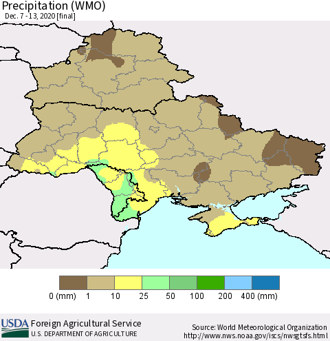 Ukraine, Moldova and Belarus Precipitation (WMO) Thematic Map For 12/7/2020 - 12/13/2020