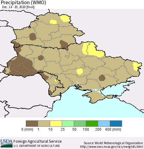 Ukraine, Moldova and Belarus Precipitation (WMO) Thematic Map For 12/14/2020 - 12/20/2020