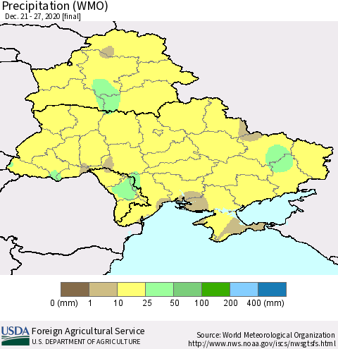 Ukraine, Moldova and Belarus Precipitation (WMO) Thematic Map For 12/21/2020 - 12/27/2020