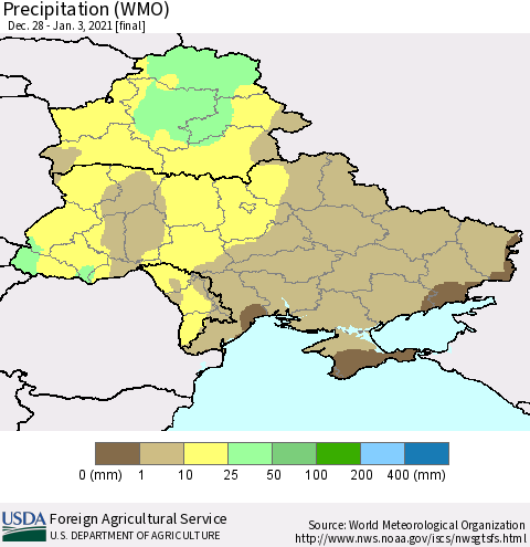 Ukraine, Moldova and Belarus Precipitation (WMO) Thematic Map For 12/28/2020 - 1/3/2021