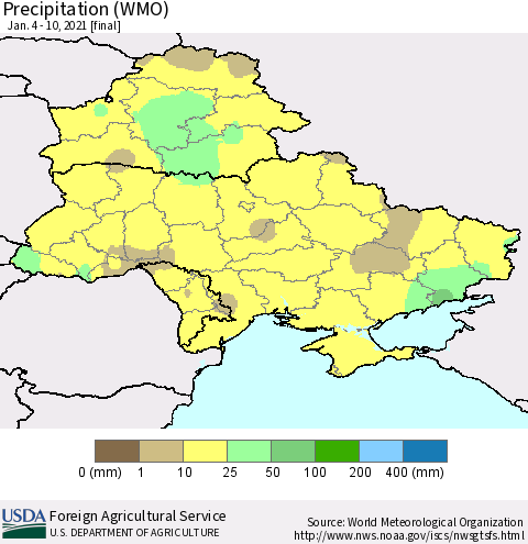 Ukraine, Moldova and Belarus Precipitation (WMO) Thematic Map For 1/4/2021 - 1/10/2021