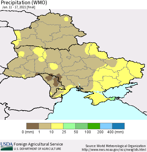 Ukraine, Moldova and Belarus Precipitation (WMO) Thematic Map For 1/11/2021 - 1/17/2021
