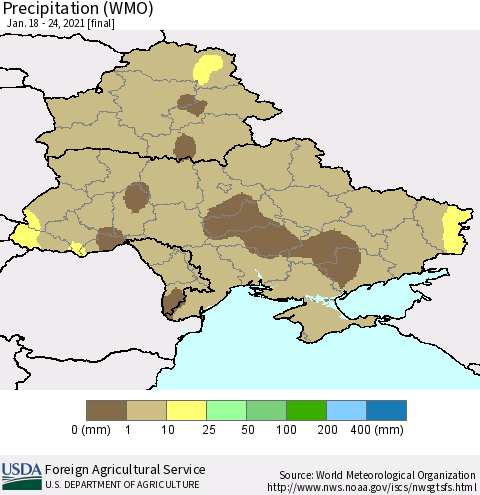 Ukraine, Moldova and Belarus Precipitation (WMO) Thematic Map For 1/18/2021 - 1/24/2021