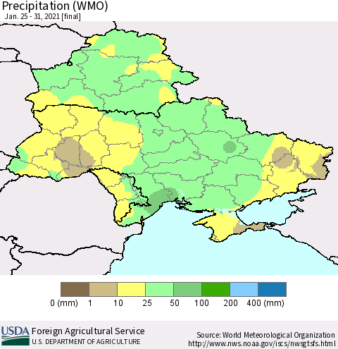 Ukraine, Moldova and Belarus Precipitation (WMO) Thematic Map For 1/25/2021 - 1/31/2021