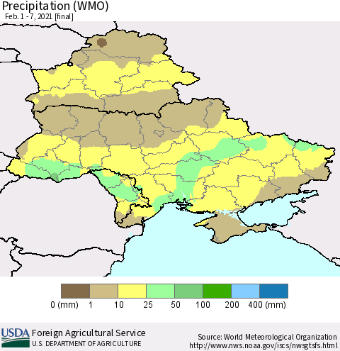 Ukraine, Moldova and Belarus Precipitation (WMO) Thematic Map For 2/1/2021 - 2/7/2021