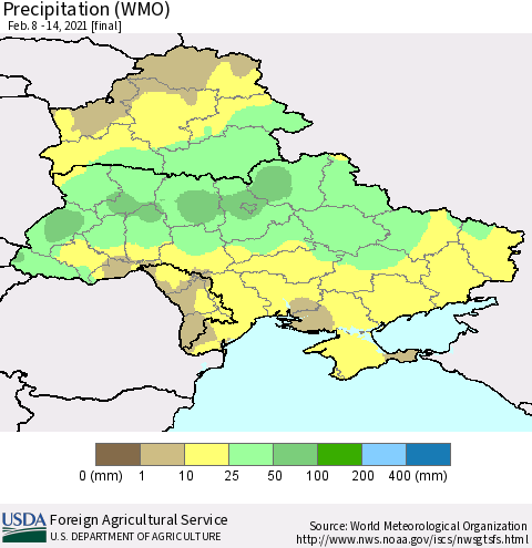 Ukraine, Moldova and Belarus Precipitation (WMO) Thematic Map For 2/8/2021 - 2/14/2021