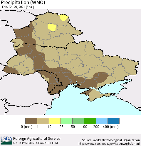 Ukraine, Moldova and Belarus Precipitation (WMO) Thematic Map For 2/22/2021 - 2/28/2021