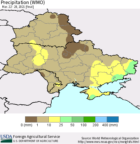 Ukraine, Moldova and Belarus Precipitation (WMO) Thematic Map For 3/22/2021 - 3/28/2021