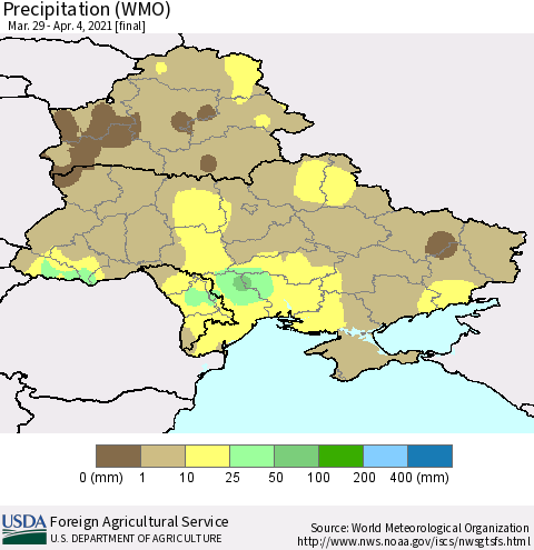 Ukraine, Moldova and Belarus Precipitation (WMO) Thematic Map For 3/29/2021 - 4/4/2021