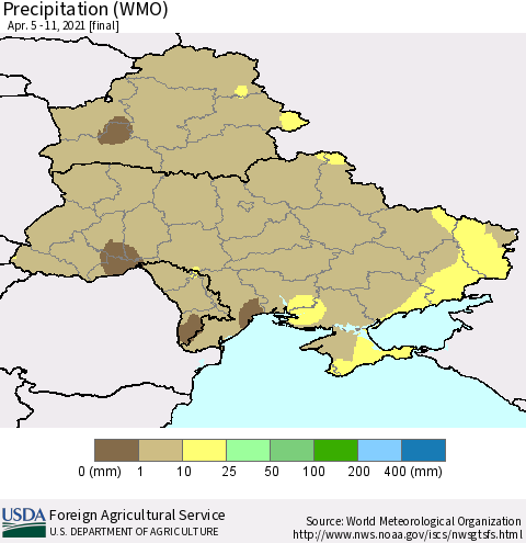 Ukraine, Moldova and Belarus Precipitation (WMO) Thematic Map For 4/5/2021 - 4/11/2021