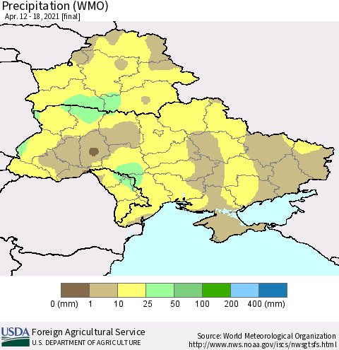 Ukraine, Moldova and Belarus Precipitation (WMO) Thematic Map For 4/12/2021 - 4/18/2021