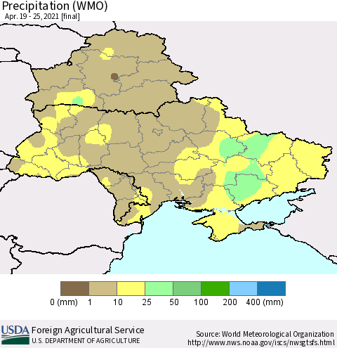 Ukraine, Moldova and Belarus Precipitation (WMO) Thematic Map For 4/19/2021 - 4/25/2021